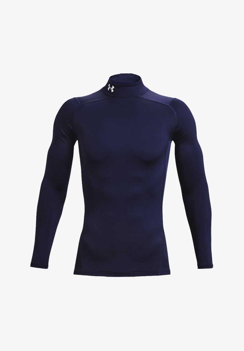 Camisa desportiva de manga longa azul-marinho com gola alta, feita de tecido elástico. Apresenta logo no peito e design ajustado.