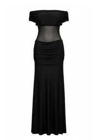 Musta olkapäät paljastava mekko, jossa on läpikuultava keskiosa, rypytetyt yksityiskohdat ja pitkä, leveä helma. Valmistettu joustavasta, sileästä kankaasta.