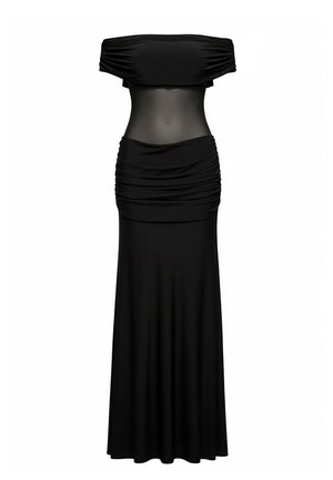 Vestido negro off-the-shoulder con una sección media transparente, detalles fruncidos y una falda larga y fluida. Hecho de tela elástica y suave.