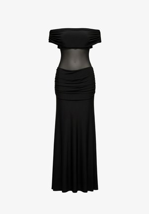 Sort skulderfri kjole med gennemsigtig midtersektion, rynket detalje og en lang, flydende nederdel. Fremstillet af strækbart, blødt stof.