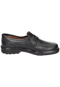 Zwarte leren loafers met gestikt detail en een platte rubberen zool. Voorzien van een gevoerde kraag en een instapontwerp voor eenvoudig aan- en uittrekken.