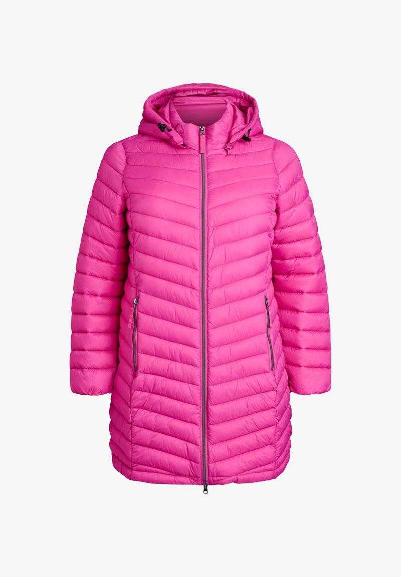 Rosafarbene Pufferjacke mit Kapuze, ausgestattet mit einem gesteppten Design, Reißverschluss und zwei Seitentaschen. Der Stoff wirkt weich und glänzend.