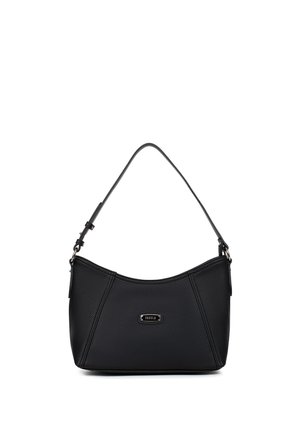 Sac à épaule en cuir noir texturé avec dessus incurvé, bandoulière ajustable et petite plaque métallique rectangulaire avec logo à l'avant.