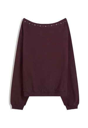 Dunkellila Schulterfreier Pullover mit langen Ärmeln, gerippten Bündchen und Saum und kleinen silbernen Ösen entlang des Ausschnitts.