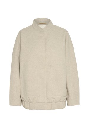 Beige, gestructureerde jas met een rechtopstaande kraag, verlaagde schouders en twee voorzakken. Elastische zoom en een strak, minimalistisch ontwerp.