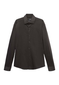 Camisa negra de manga larga con botones, hecha de una tela suave. Cuello clásico, botones frontales y puños simples. Diseño entallado con dobladillo recto.