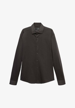 Schwarzes langärmliges Hemd mit Knöpfen aus glattem Stoff. Klassischer Kragen, Knöpfe an der Vorderseite und einfache Manschetten. Maßgeschneidertes Design mit geradem Saum.