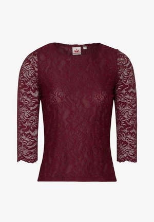Burgunder Spitzenoberteil mit Dreiviertelärmeln, floralem Muster, rundem Ausschnitt und gewelltem Saum, das eine weiche, durchsichtige Textur aufweist.