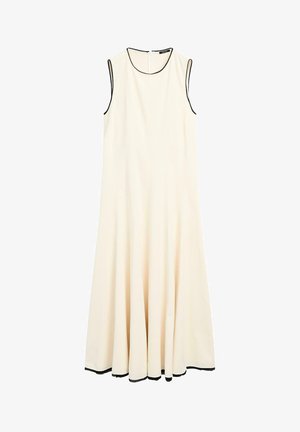 Robe sans manches, longueur genoux en tissu blanc cassé avec un col rond et des bordures noires le long des bords. Jupe évasée pour plus de mouvement.