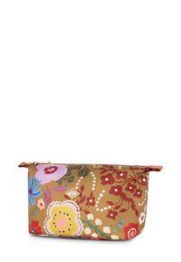 Bloemige cosmetica pouch in bruin, versierd met kleurrijke bloemen en bladeren. Ritssluiting en textuuraccenten langs de bovenkant.