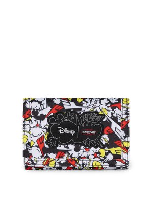 Portefeuille en tissu à motifs noirs, blancs, rouges et jaunes, avec un patch logo Disney et Eastpak au centre.