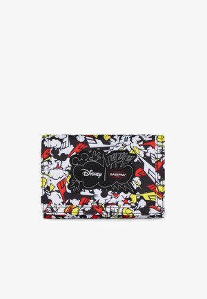 Cartera de tela con estampado en negro, blanco, rojo y amarillo que cuenta con un parche con el logo de Disney y Eastpak en el centro.