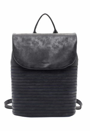 Black backpack with textured flap top and horizontal ribbed pattern on the front, featuring a single handle and shoulder straps.