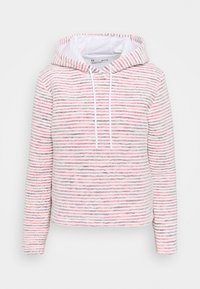 Kapuzensweatshirt mit horizontalen Streifen in Rosa, Weiß und Grau, mit Kordelzug, strukturiertem Stoff und langen Ärmeln.