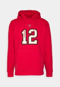 Rotem Kapuzenpullover mit Fronttasche, ausgestattet mit eingesticktem Logo und großer weißer Nummer 12, umrandet in Schwarz. Weicher Stoff, gerippte Bündchen.