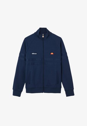 Marineblaue Zip-Jacke mit hohem Kragen, horizontalen Streifen, einem gestickten Logo auf der Brust und Seitentaschen. Weicher Stoff.