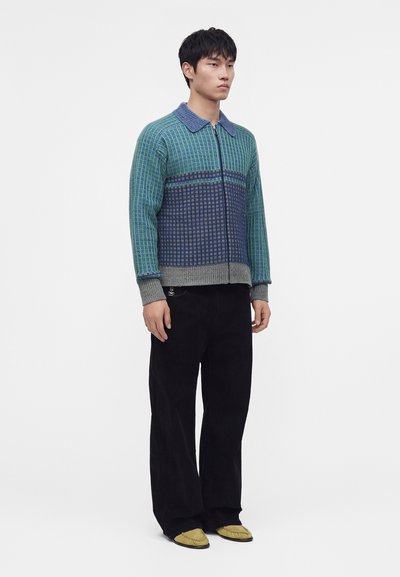 Homme debout portant un pull zippé à motifs bleus et verts, un pantalon large noir et des chaussures jaunes sur un fond blanc uni.