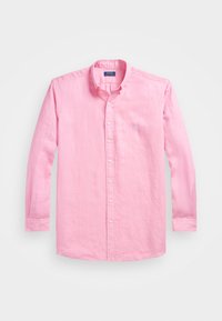 Rosa linne skjorta med knappar och långa ärmar, med en krage och liten broderad logotyp på vänster bröst.