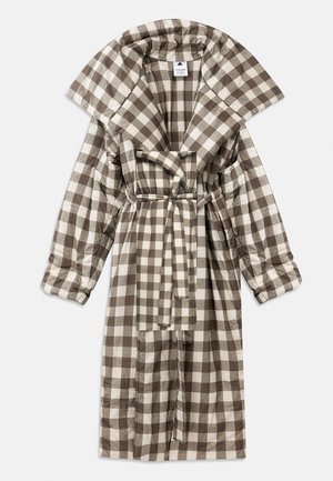 Brown and cream checkered patterned robe with a wide collar, belted waist, and long sleeves, made from soft fabric.