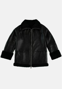Zwarte leren jacket met ritsluiting, brede kraag en met bont gevoerde manchetten. Heeft een gladde textuur en een recht gesneden ontwerp.
