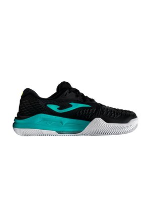 Chaussure de sport noire avec une semelle intermédiaire turquoise, une semelle extérieure blanche texturée et un logo turquoise sur le côté. Design bas avec lacets.