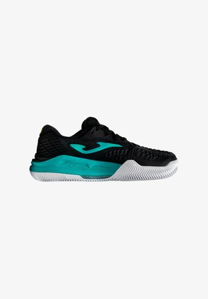 Chaussure de sport noire avec une semelle intermédiaire turquoise, une semelle extérieure blanche texturée et un logo turquoise sur le côté. Design bas avec lacets.