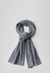 Gray knitted scarf with a soft, textured surface, tied in a knot; features a subtle sheen and a small tag at one end.