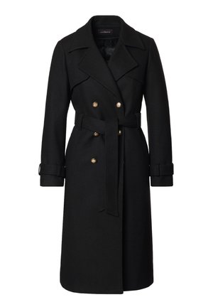 Czarny wełniany trench z podwójnym zapięciem, złotymi guzikami, szerokimi klapami, paskiem w talii oraz regulowanymi mankietami.