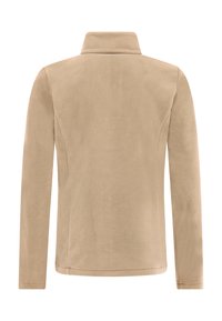 Beige fleece jas met een zachte textuur, lange mouwen en een hoge kraag. Gladde oppervlakte zonder zichtbare hardware of patronen.