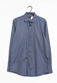 Camicia a maniche lunghe di colore blu scuro con motivo a quadri. Presenta chiusura con bottoni, colletto e orlo arrotondato. Realizzata in un tessuto liscio.