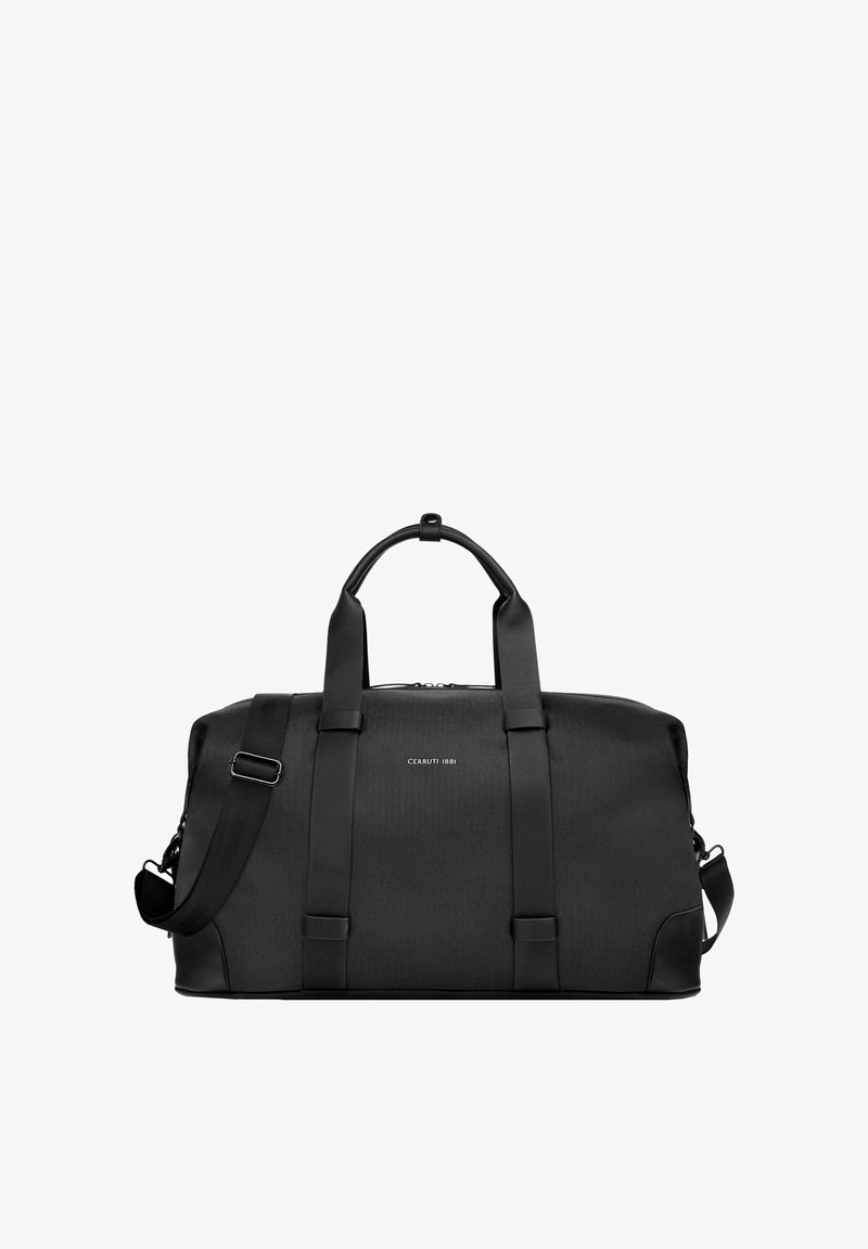 Bolsa tipo duffel negra de Cerruti 1881 con dos asas superiores, correa de hombro ajustable y detalles de correas verticales en el frente.