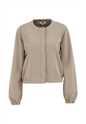 Beežilõikega jakk ümara kaelusega, elastsete varrukasäärte ning detailsete vertikaalsete õmblustega. Valmistatud pehmest, tekstureeritud kangast.