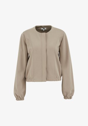 Beežilõikega jakk ümara kaelusega, elastsete varrukasäärte ning detailsete vertikaalsete õmblustega. Valmistatud pehmest, tekstureeritud kangast.