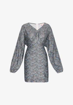 Hosszú ujjú, világosszürke ruha kék és arany paisley mintával. V nyakú, és összehúzott derék részével a testhezálló fazonért.