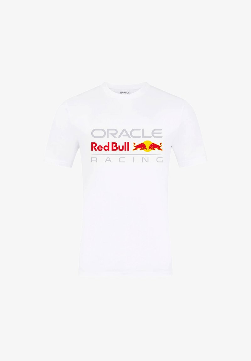 Biała bawełniana koszulka z logo "ORACLE" i "Red Bull Racing" w kolorze czerwonym i szarym, z dwoma grafikami byków w kolorze czerwonym oraz akcentem żółtego słońca.