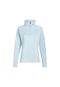 Helles blauer Langarmpullover mit halbem Reißverschluss und Stehkragen. Hergestellt aus glattem Material, mit Raglanärmeln und einem kleinen Logo.