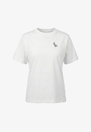 Hvid T-shirt med korte ærmer og rund halsudskæring med en lille detaljeret sort-hvid fuglegrafik på venstre bryst.