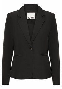 Černý blazer s klopovým límcem, jediným hnědým zapínáním na knoflík a dvěma předními kapsami s jemným prošíváním.