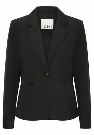 Černý blazer s klopovým límcem, jediným hnědým zapínáním na knoflík a dvěma předními kapsami s jemným prošíváním.