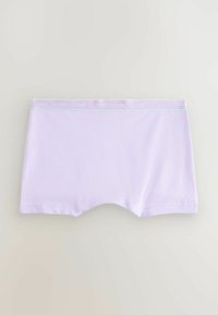 Helelilla naiste poiste lühike aluspüks, millel on pehme elastne vöökoht, millel on peen bränding ja helesinine ääris.
