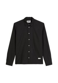 Črna srajca z dolgimi rokavi, izdelana iz bombaža. Ima klasičen ovratnik, bele gumbe spredaj in majhno oznako z logom na dnu.
