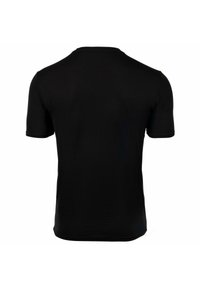 T-shirt nera a maniche corte con scollo rotondo e una texture liscia, caratterizzata da una vestibilità classica e senza motivi o dettagli visibili.
