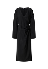 Schwarzes Wickelkleid mit tiefem V-Ausschnitt, langen Ärmeln und seitlichem Raffungselement. Verfügt über dekorative Knöpfe entlang der Taille. Glatte Textur.