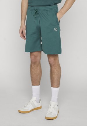 Mann iført turkise shorts med snøring og logo på venstre ben, hvite sokker og hvite joggesko med brune såler, stående mot en grå bakgrunn.