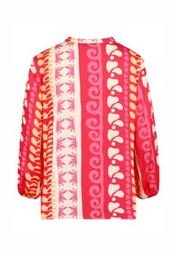 Multicolored blouse with long sleeves, featuring bold patterns in red, pink, yellow, and cream. Smooth fabric with a relaxed fit and classic collar.