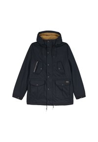 Veste d'hiver noire à capuche avec doublure en polaire marron, boutons-pression à l'avant, poches zippées et boutonnées, et cordons ajustables à l'ourlet et à la capuche.