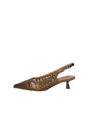 Décolleté slingback in bronzo metallico con punta appuntita, tomaia intrecciata e piccolo tacco kitten, con cinturino regolabile con fibbia.