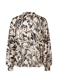 Kurtka z długim rękawem, skrócona, w kremowej bazie z misternymi, ciemnobrązowymi abstrakcyjnymi wzorami kwiatowymi. Teksturowane wykończenie z elastycznymi mankietami.