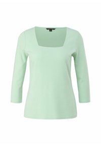 Mintgrünes Langarmoberteil mit quadratischem Ausschnitt, aus weichem Material gefertigt und mit einer figurschmeichelnden Silhouette. Einfaches Design, keine Muster.