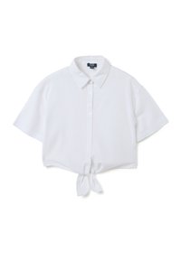 Witte cropped blouse met korte mouwen, een kraag, knopen aan de voorkant en een strikdetail aan de voorkant. Gemaakt van een lichtgewicht, gladde stof.